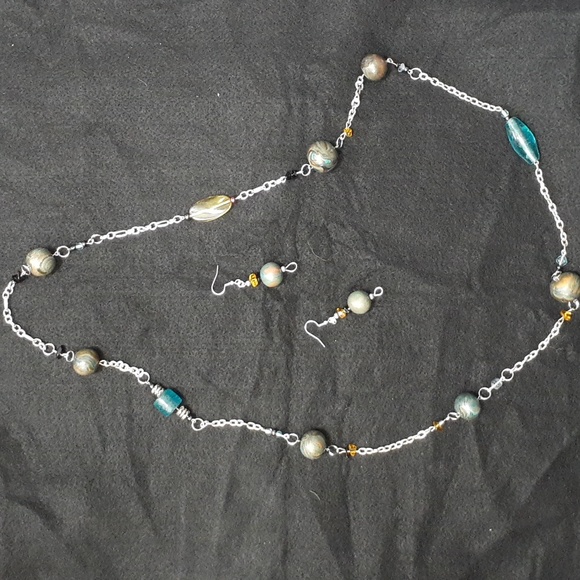 Hand Crafted Polymer Clay Bead Chain Necklace Glass Bead Amber Earring Set - Picture 1 of 11